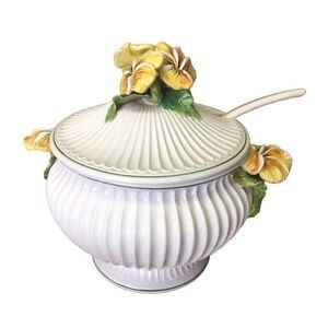 Antique Majolica  White Glazed Porcelain Italy Soup Bowl With Spoon